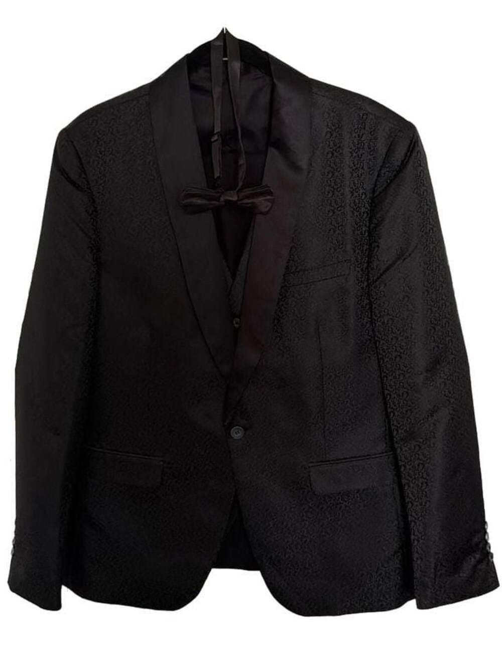 Men's 3-Piece Black Floral Jacquard Tuxedo Suit with Shawl Lapel and Bow Tie
